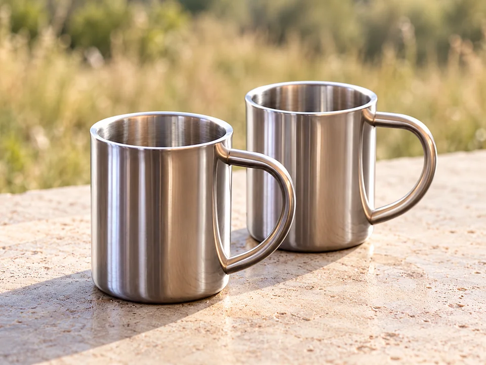 HI — deux tasses inox à double paroi — Deux tasses inox vides, sans boisson ni biscuits.