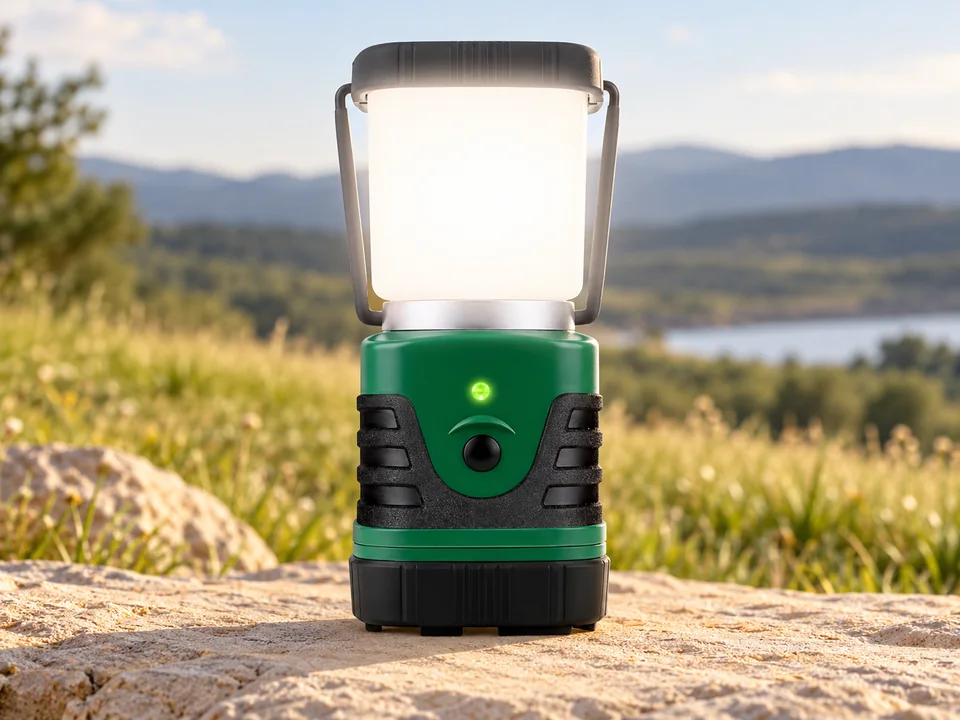 Lepro — lanterne USB verte et noire — Une lanterne verte et noire avec diffuseur blanc et anse grise, câble absent.