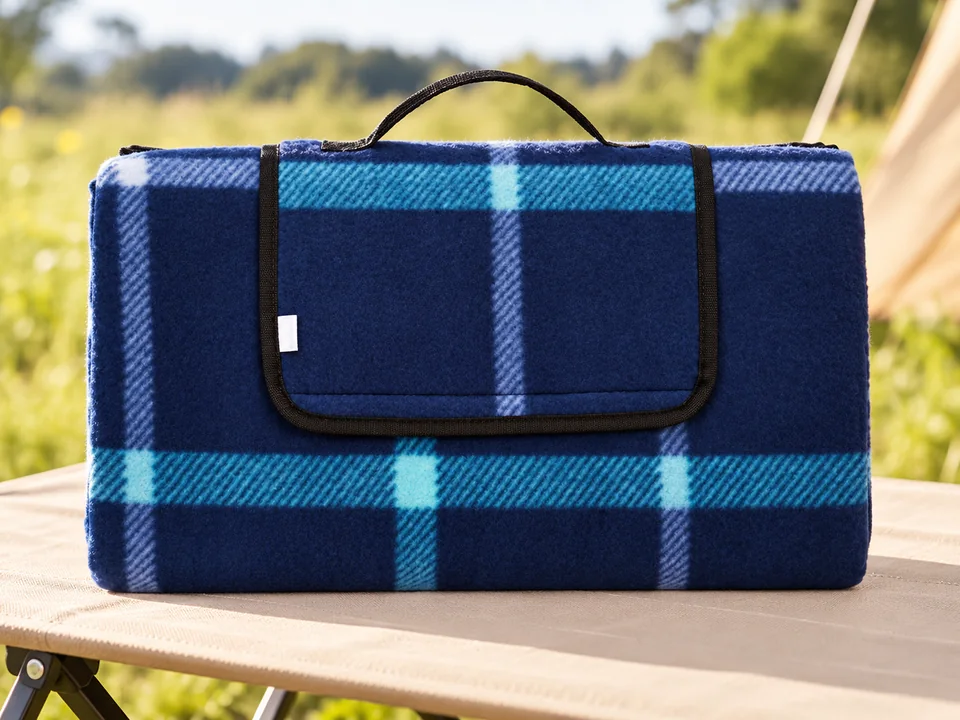 Amazon Basics — couverture pique-nique bleue — Une couverture pliée avec poignée ; surface déployée non représentée.