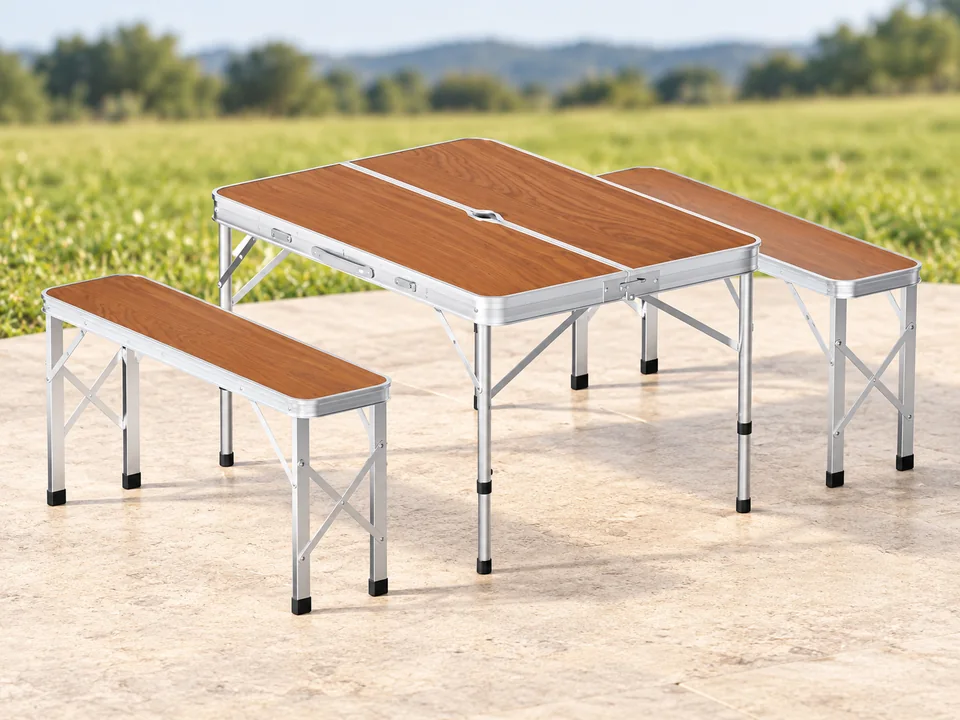 WilTec — table valise avec deux bancs — Ensemble ouvert montré : une table et deux bancs, sans seconde représentation repliée.