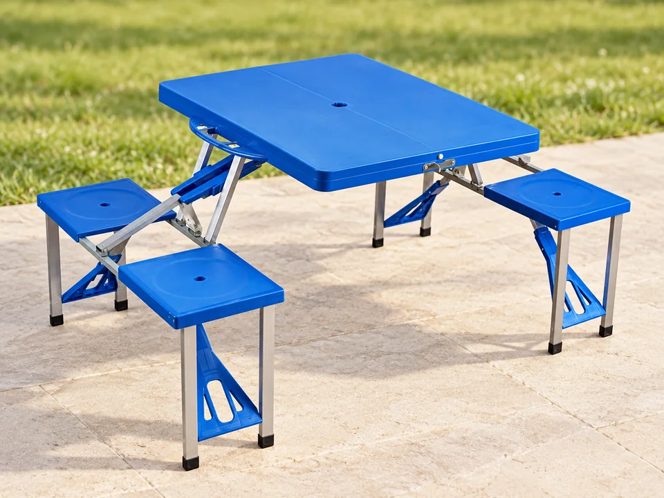WilTec — table à quatre sièges solidaires — Un ensemble de quatre sièges solidaires : trois visibles de cet angle, le quatrième masqué par le plateau.
