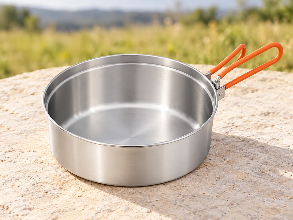 KingCamp — cuisine de camping pour deux — Détail d’une seule casserole inox à poignées orange ; le set complet n’est pas représenté.