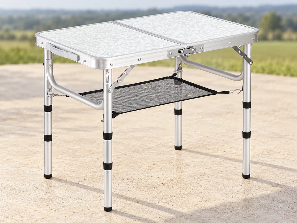 Sportneer — table compacte à filet — Plateau blanc moucheté en deux parties, cadre argenté, loquet, pieds à bagues noires et filet tendu conservés. Une table ouverte seulement, vue repliée supprimée.