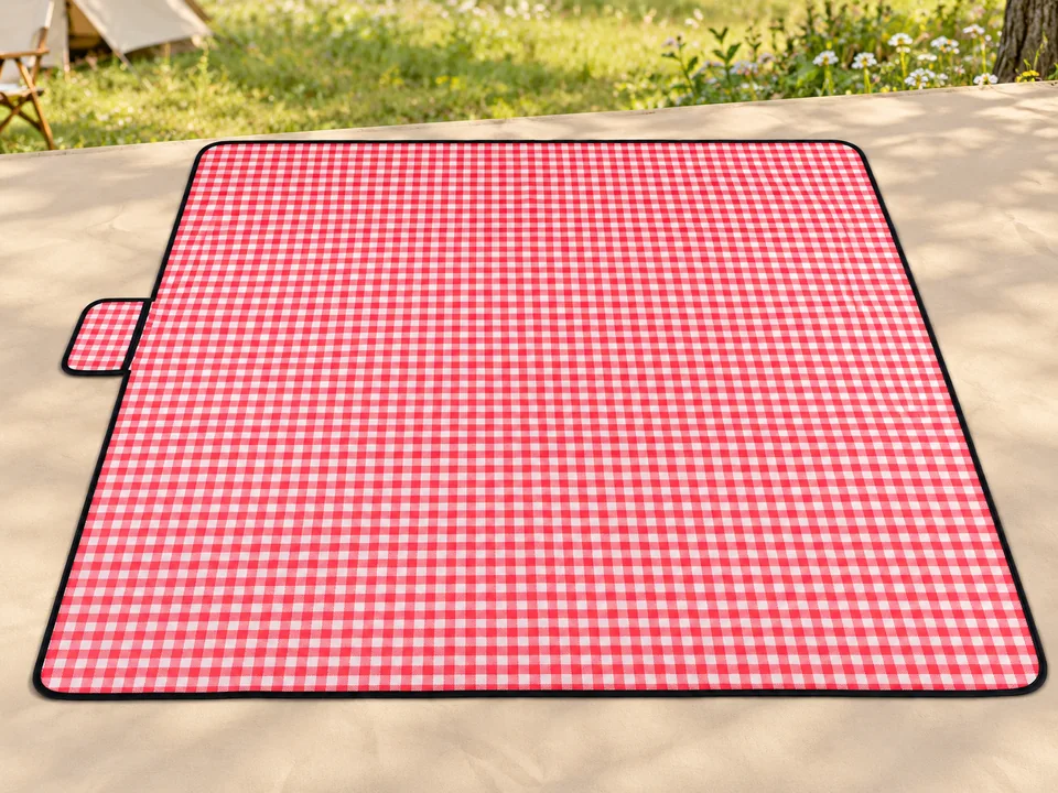 GUSUWU — couverture vichy rouge — Une couverture déployée, sans aliments, guitare ou autre accessoire.
