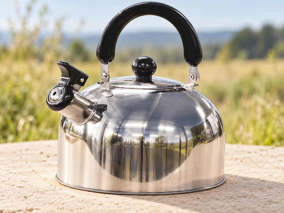 Green Haven — bouilloire sifflante 2 L — Une bouilloire argentée à poignée noire, avec son capuchon de bec ouvert.