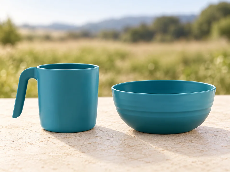 Kyraton — service multicolore 16 pièces — Détail de deux pièces turquoise : une tasse et un bol du service multicolore, sans représenter le lot entier.