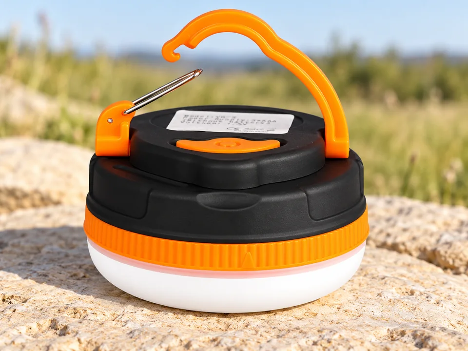 flintronic — lampe disque orange à crochet — Une petite lampe noire et orange avec crochet ouvert et diffuseur blanc inférieur.