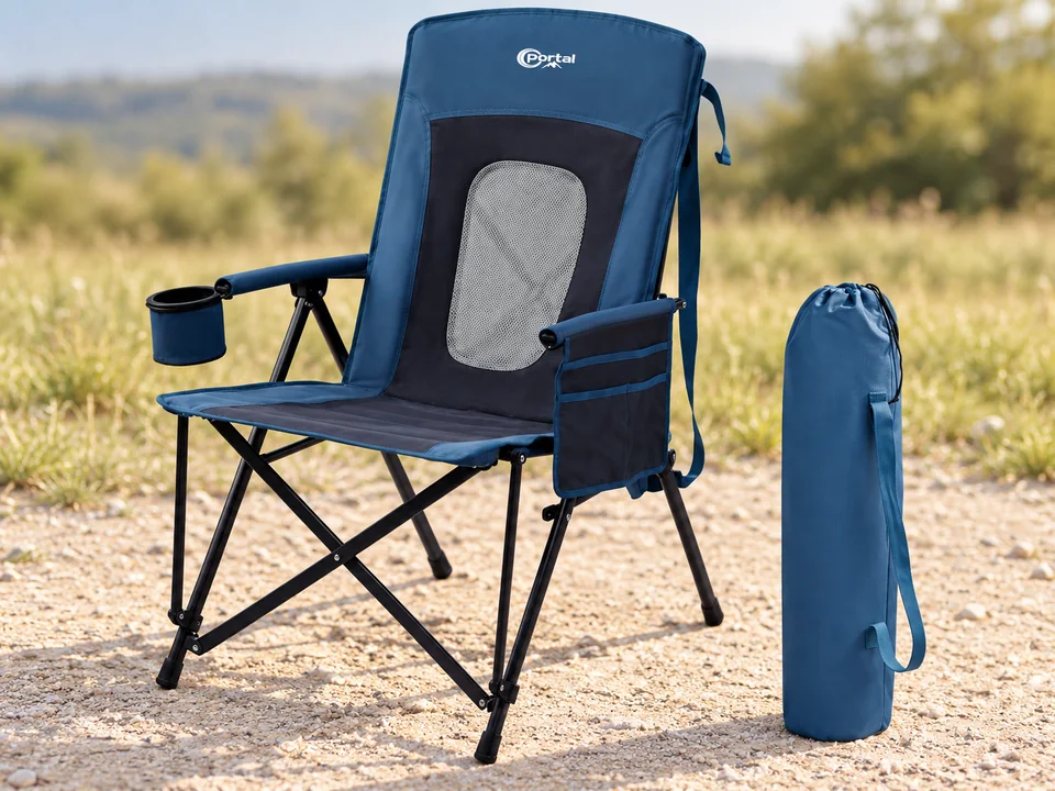 Portal — fauteuil haut à fenêtre en maille — Bleu et panneau noir avec fenêtre de maille verticale conservés, porte-boisson cylindrique et poche compartimentée aux bons côtés ; chaise et sac bleus.