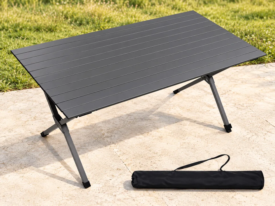 EVER ADVANCED — table à grand plateau aluminium — Grand plateau gris à lattes, piètement en X et sac long noir conformes, vue en légère plongée conservée.