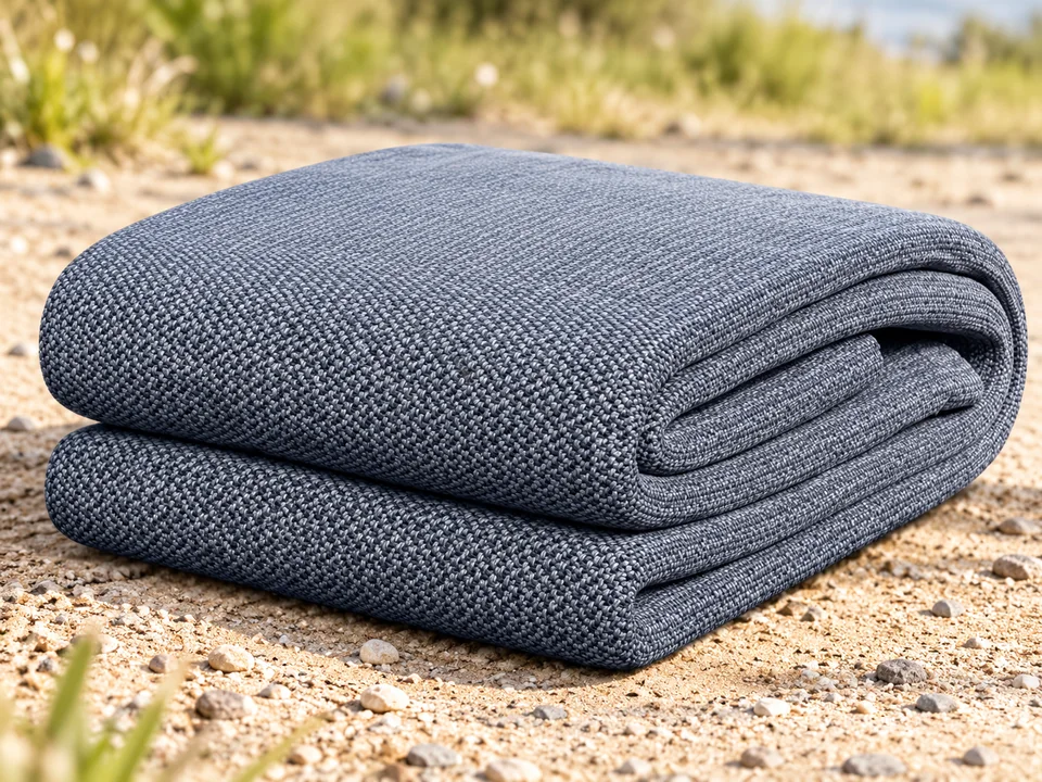 GardenGloss — tapis d’auvent gris-bleu — Détail du tapis replié seul ; sac et piquets de la photo non représentés.