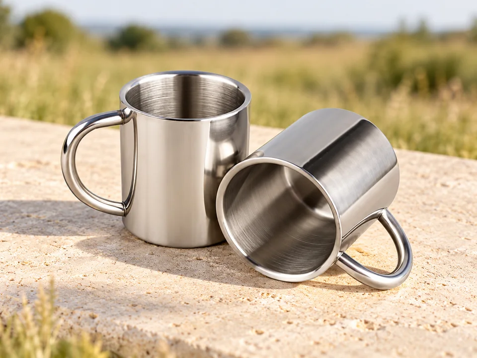PIQIUQIU — duo de tasses inox 220 ml — Deux tasses vides, l’une debout et l’autre couchée, avec leurs anses visibles.