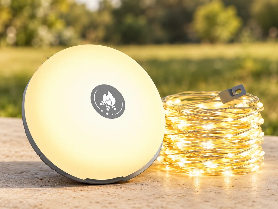LUCKFEN — guirlande enroulable lumineuse — Boîtier disque et portion de guirlande en bobine ; longueur complète et petits accessoires non représentés.
