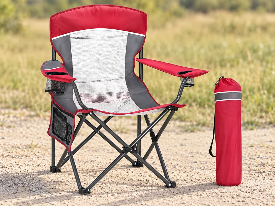 LET’S CAMP — chaise à grande maille centrale — Maille blanche centrale, bandeau rouge, côtés gris, liserés rouges, pieds croisés et sac rouge à bande grise conformes ; aucun objet dans les poches.