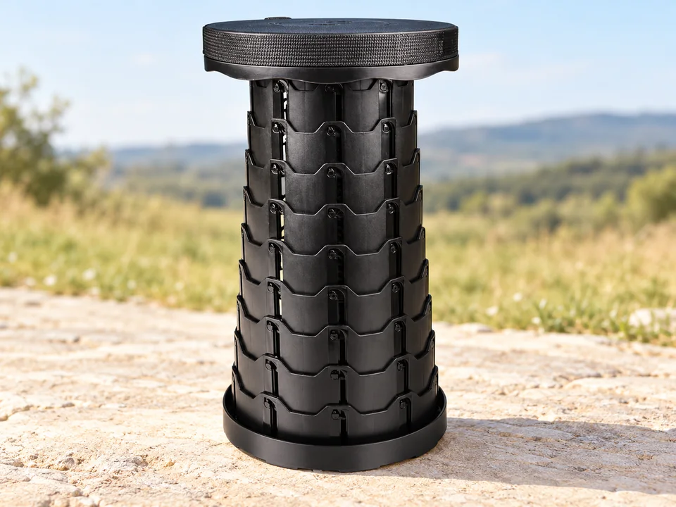 Maxentico — tabouret télescopique — Un tabouret ouvert représenté ; la seconde vue repliée de la photo commerciale n’est pas un deuxième exemplaire.