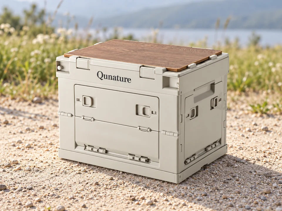 Qunature — caisse blanche à couvercle bois — Une caisse blanche fermée et son couvercle bois, sans accessoire.