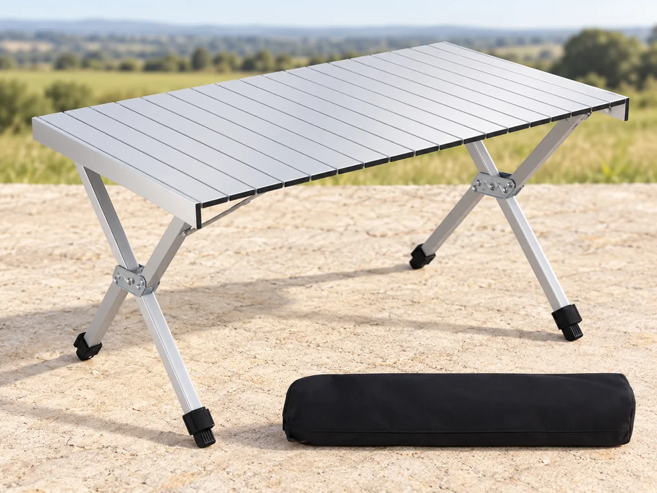 Portal — table à lattes argentées — Plateau aluminium argenté à lattes, deux piètements en X, charnières et embouts noirs préservés ; une table et son sac noir.