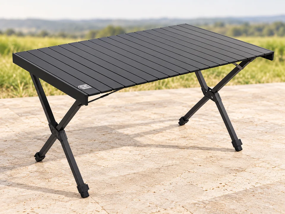 TIMBER RIDGE — table enroulable noire — Plateau noir à lattes, paires de pieds noirs en X et embouts réglables conformes. Une table seule, housse non montrée.