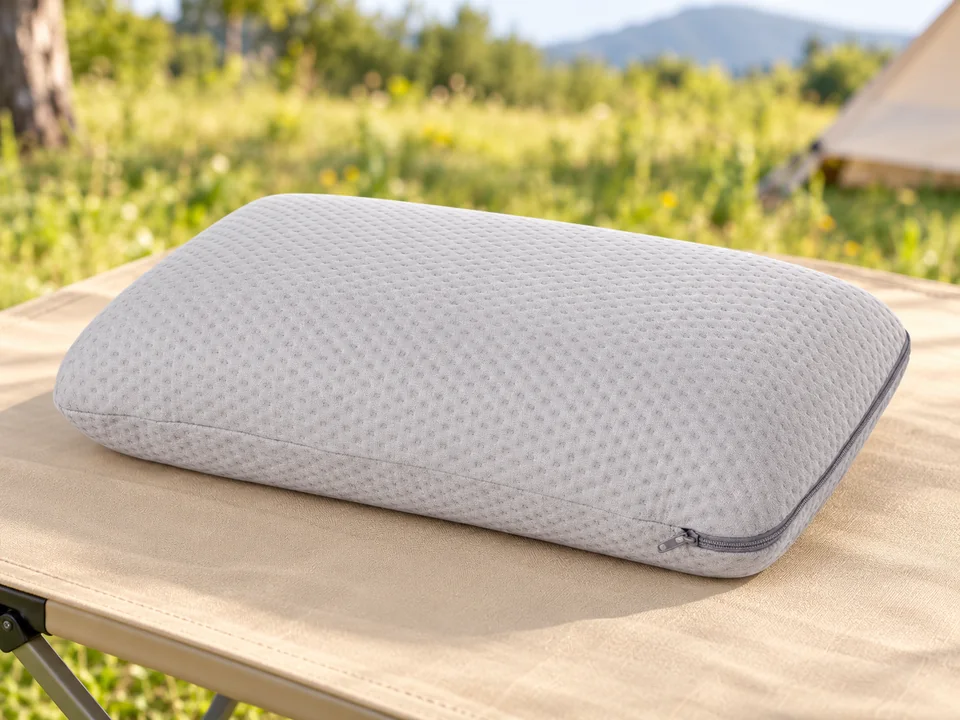 Amazon Basics — oreiller mousse compact — Détail de l’oreiller gris seul ; pochette annoncée non montrée.