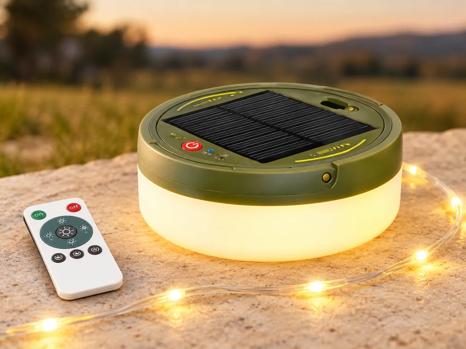 LUCKFEN — guirlande solaire à télécommande — Un boîtier solaire, une télécommande et une portion de guirlande ; la seconde vue du même boîtier n’est pas dupliquée.