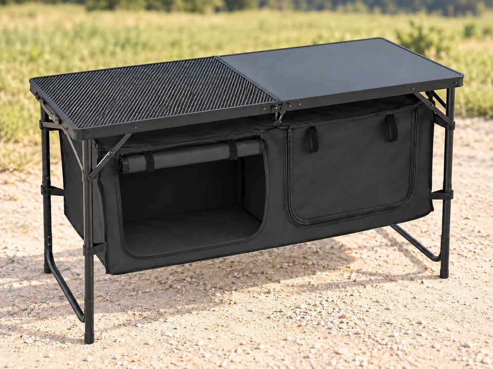 VEVOR — table de rangement de camping — Un meuble vide, ouverture gauche sans étagère intermédiaire ; aucun appareil, aliment ou ustensile fourni représenté.