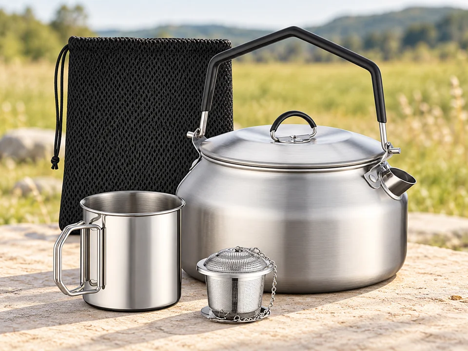 Praknu — bouilloire et service à thé 1 L — Bouilloire, gobelet, infuseur et sac représentés ; l’étiquette commerciale a été retirée.