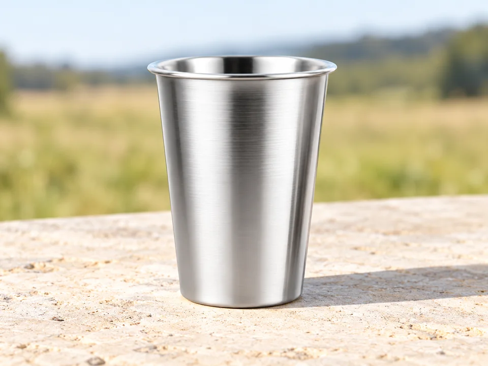 LOPYXBR — quinze gobelets inox 260 ml — Un gobelet vide montré en détail ; le lot commercial contient quinze gobelets.