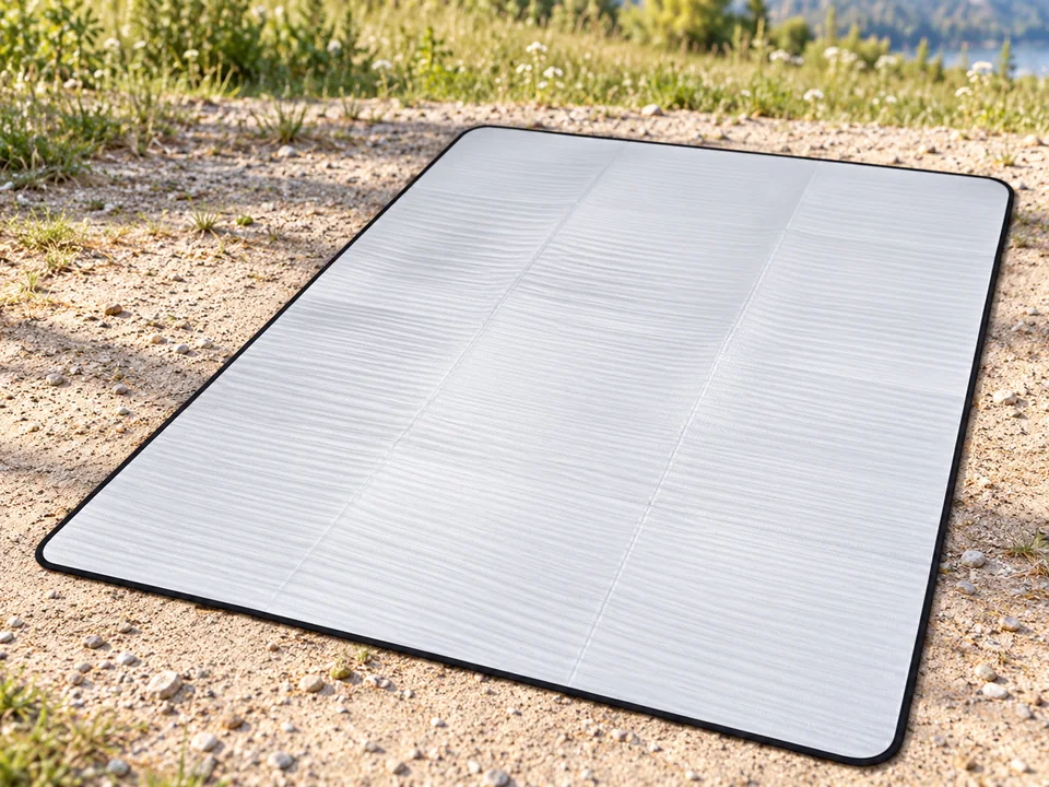 YUJUVI — tapis de camping aluminisé — Un tapis déployé seul ; sac et vue pliée exclus de ce détail.