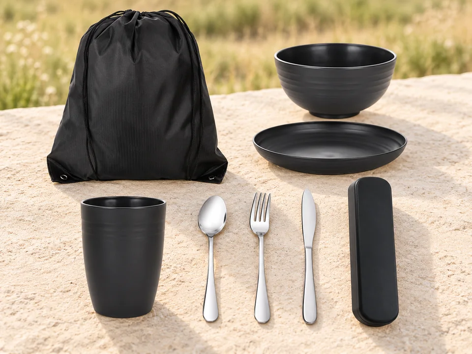 TianFukj — vaisselle noire individuelle — Huit éléments visibles : assiette, bol, gobelet, trois couverts, étui rigide et sac.