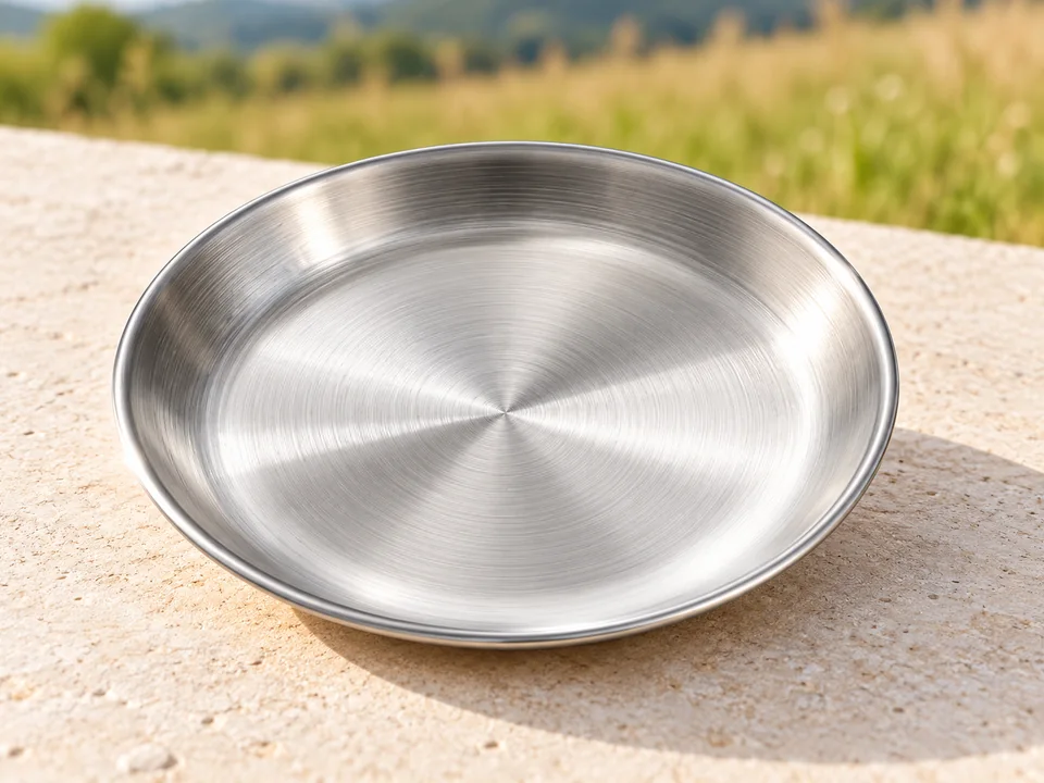 SENLINLIN — huit assiettes inox 20 cm — Une assiette vide montrée en détail ; le lot annoncé comprend huit assiettes.