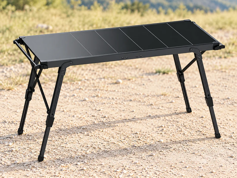 EYPINS IGT — table modulaire à rails — Plateau noir à panneaux fermés, rails latéraux, quatre pieds télescopiques inclinés et renforts reproduits ; table seule, aucun module ajouté.