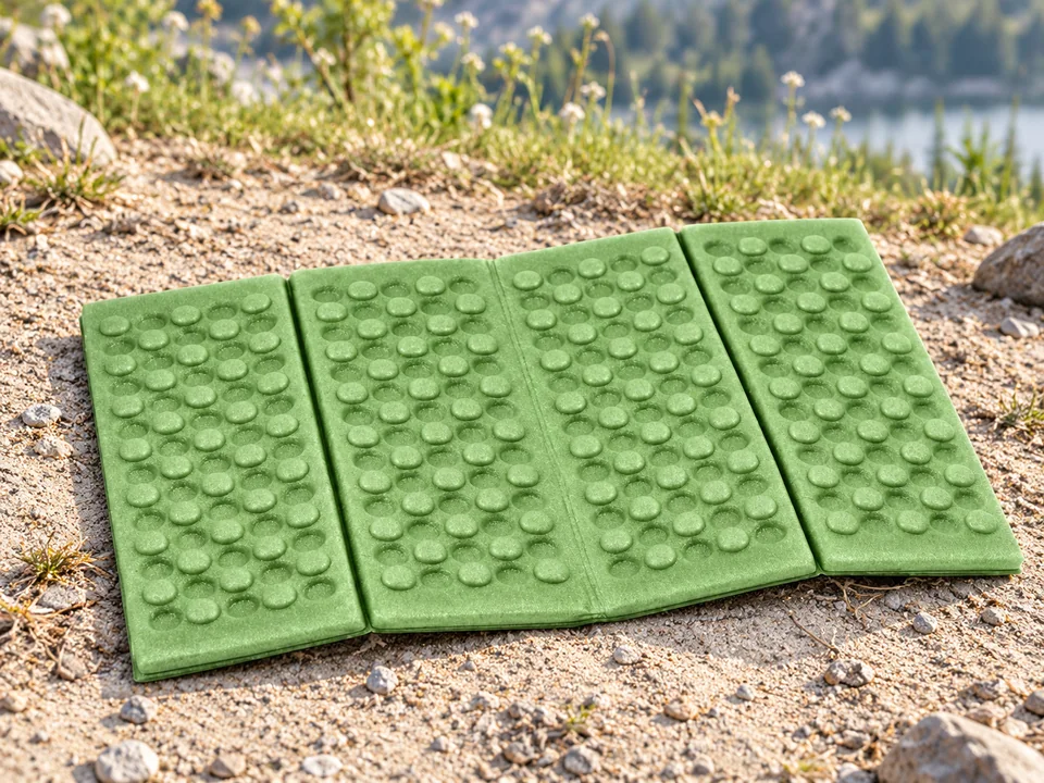 HOTUT — assise mousse pliante verte — Une assise verte déployée à quatre panneaux, sans autres variantes.