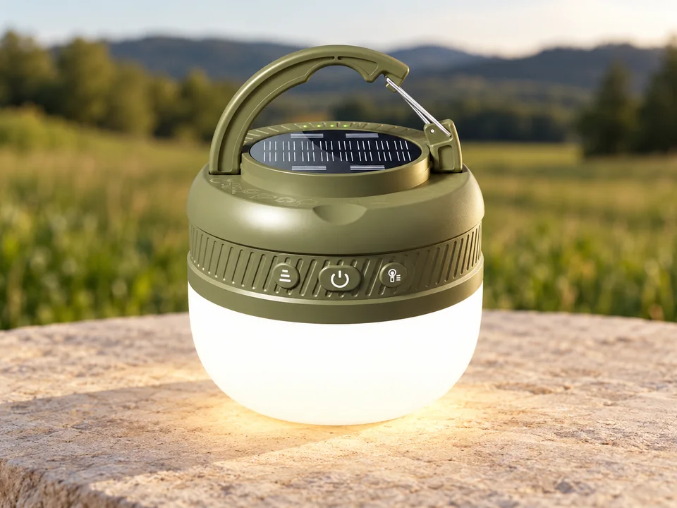 Glocusent — lampe compacte à crochet — Une lampe compacte olive à trois boutons, avec son crochet et son panneau supérieur.