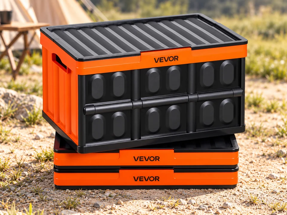 VEVOR — caisses pliables noires et orange — Photographie de référence illustrée : trois caisses montrées, une déployée et deux repliées ; contenu du lot à confirmer.