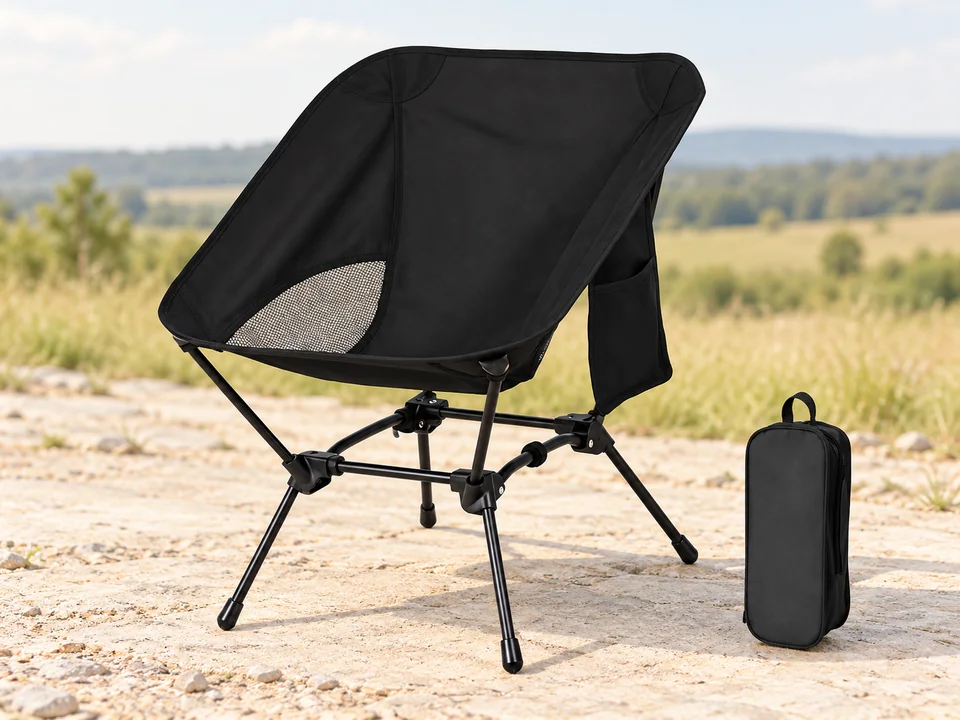 LORESJOY — chaise compacte à cadre renforcé — Coque noire, zone de maille latérale, poche droite et traverses de cadre comparées. Quatre pieds distincts conservés, aucune base pleine inventée ; housse seule au sol sans main.