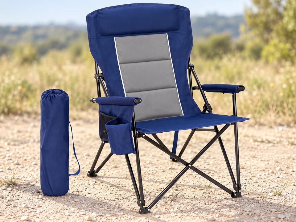 HIGH POINT SPORTS — fauteuil rembourré à appui-tête — Bleu marine et panneau gris segmenté conservés, appui-tête épais, bras rembourrés rigides, cadre croisé et poche latérale conformes ; une chaise et sa housse cylindrique.