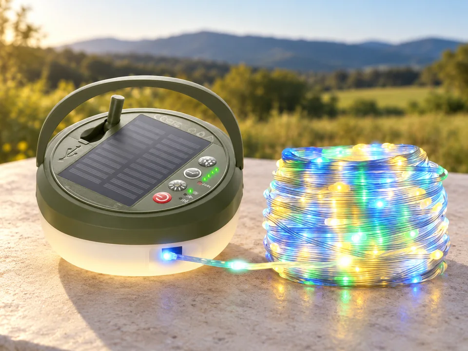 Glocusent — guirlande multicolore enroulable — Un boîtier olive et une bobine de guirlande multicolore, sans représenter tout le déploiement.
